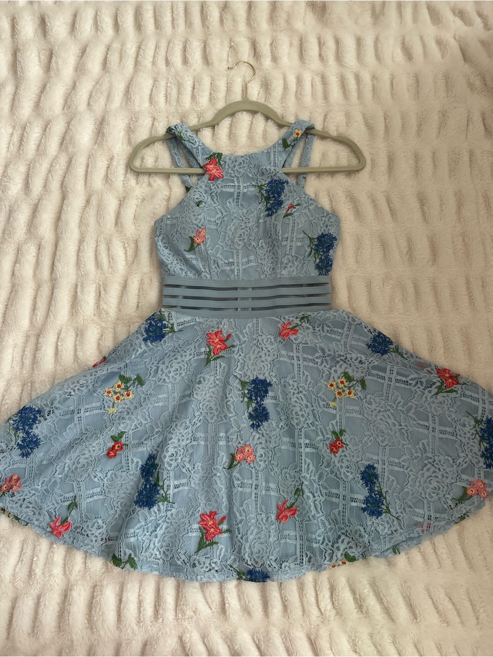 City Studio Light Blue Lace Midi Dress with Multicolor Floral Embroidery